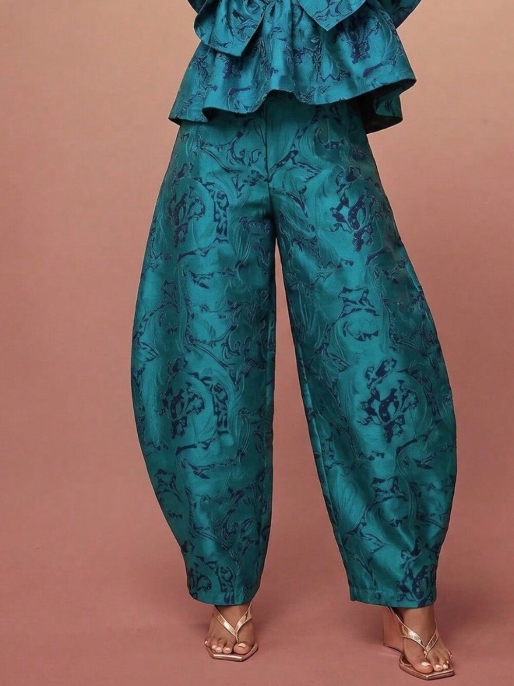Green Casual Women's Jacquard High Waisted Loose Fit Long Wide Leg Pants